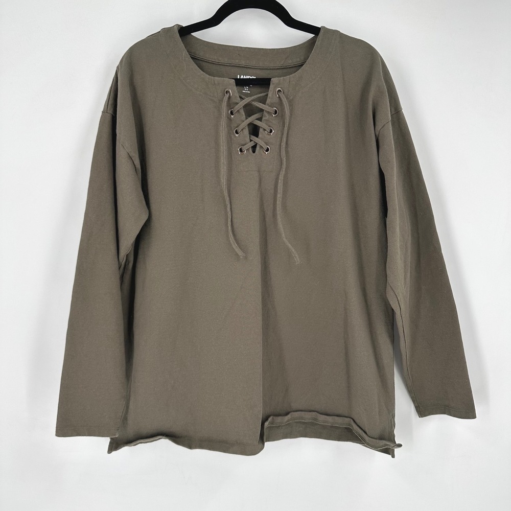 Lands End Women Olive Green Lace Up Long Sleeve Cotton Tunic Top Size‎ Large
